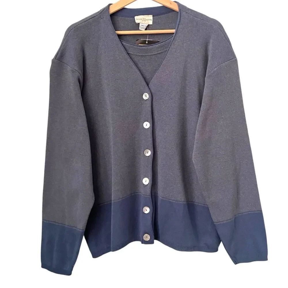 NWT Vintage Jaclyn Smith Two-Tone Blue Front Button Cardigan Sweater in Size Lar